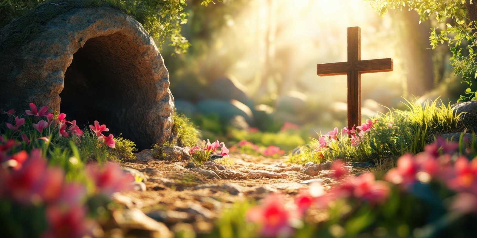 Serene garden pathway leading to a wooden cross with flowers in soft sunlight during early morning hours